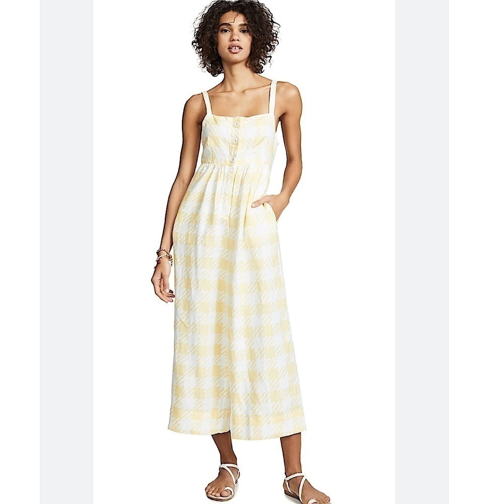 Onia Women's Alexis 100% Linen Cover Up Jumpsuit Honey Yellow Plaid Size Median